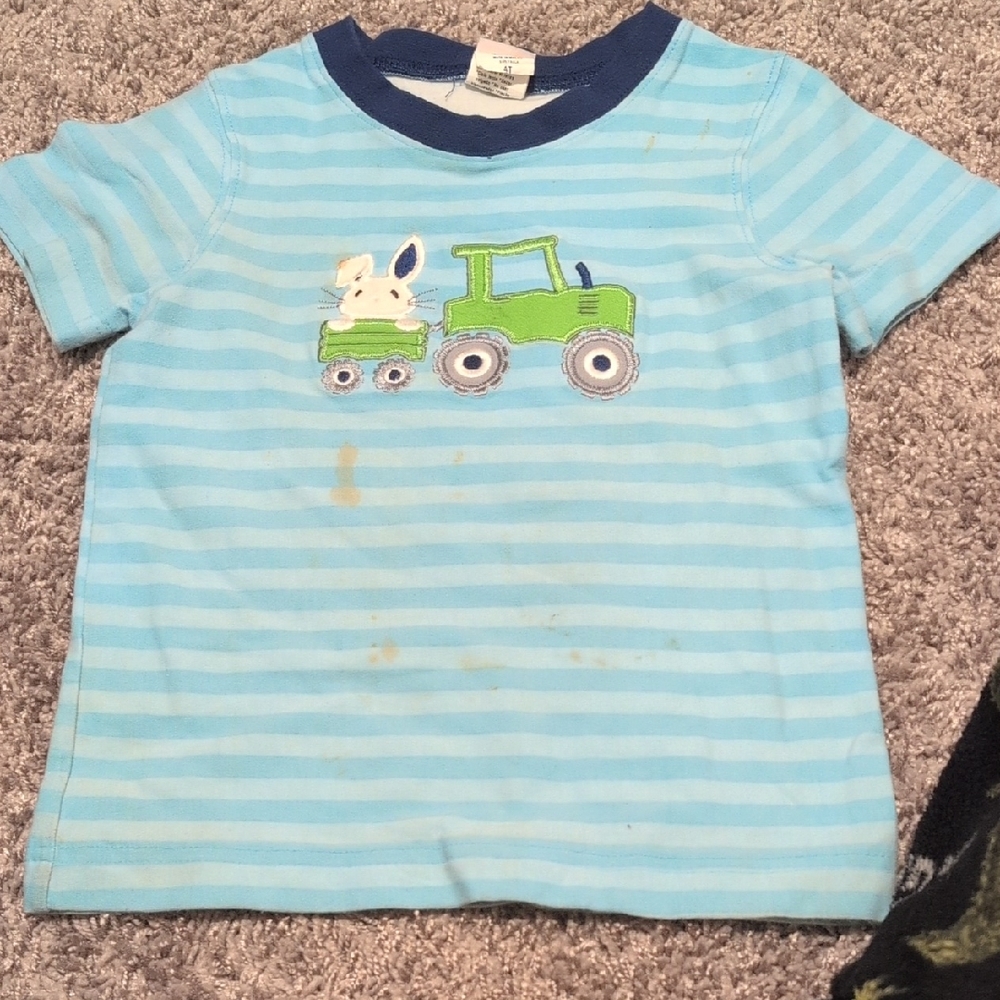 Blue Striped Kids Shirt with Green Tractor Design